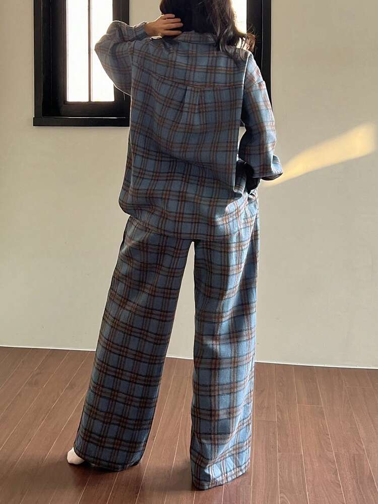 Women's Plaid Pajama Set With Loose Fit Long Sleeve Shirt And Long Pants, Suitable For Autumn/Winter And Christmas
