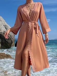 DAZY Satin Floral Trim Robe For Women Pajamas - Orange - View 6