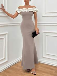 EURMUSE Two Tones Off Shoulder Ruffle Trim Bodycon Dress, Elegant Dress - Mocha Brown - View 7