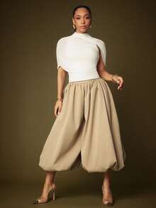 Vixey Quần ống rộng cạp cao dệt màu đỏ tía - Lạc đà - Xem 3