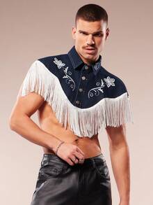 FeverCity Men's Sleeveless Shirt, Casual Style, New Fashionable Collared Half Sleeve Rodeo Shirt Men Cowboy Shirt Men Mens Western Tops Mens Fringe Western Men Clothes Mens Fringe Top - Blue - View 6