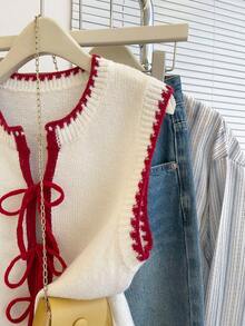 SHEIN Franclia Casual Loose Round Neck Sleeveless Knitted Contrast Trim Front Tie Beige Women Sweater Vest, Spring/Summer - Beige - View 5