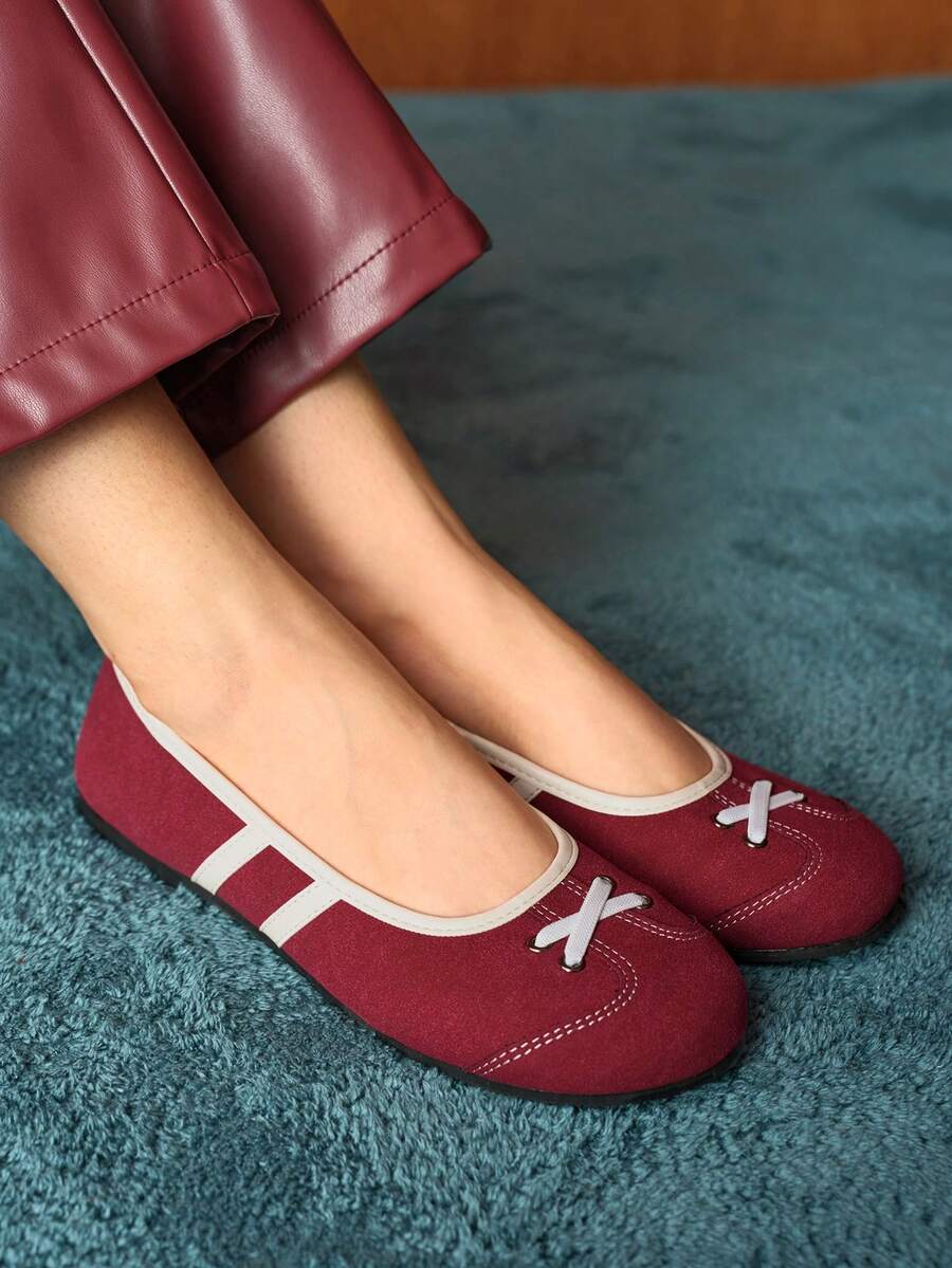 Rosivie Retro Color Block Comfortable Casual Flat Shoes, Suitable For Daily Commute Valentine's Day - Burgundy - View 1
