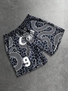 ROMWE MEN Men's Fashion Snake Skin Print Wavy Pattern Elastic Waist Casual Shorts, Summer - Black - View 1
