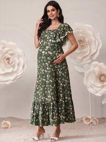 SHEIN 孕妇优雅碎花绒球装饰荷叶边连衣裙，夏季 - 綠色 - 查看 3