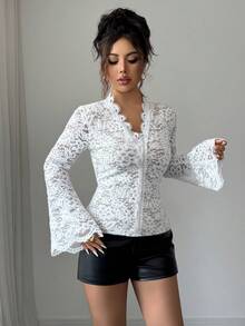 Elenzga Women's White, Sexy And Elegant Luxury Lace Blouse. Fitted V-Neck Long Flare Sleeve, Lace Material, Semi-Sheer Lace Ruffle Trim. Suitable For Autumn, Winter, Spring. For Party, Banquet, Gathering, Casual Daily Wear, Halloween, Christmas. - White - View 7