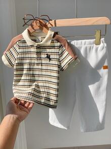 SHEIN 2件套男宝宝度假可爱休闲条纹polo衫和松紧腰裤套装，适合生日派对、锐舞派对、晚宴、演出、婚礼、迎婴派对、一周岁生日庆祝活动。 - 彩色 - 查看 7