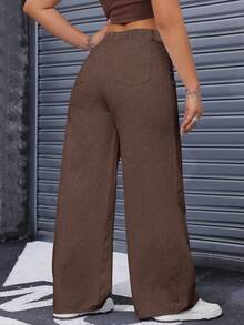 SHEIN ICON Denim Lavados de Cintura Alta e Perna Larga Casual Plus Size - Café - Visão 2