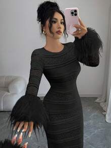 Modelyn 优雅长款米色仿毛皮饰边圆领连衣裙，女士冬季款 - 黑色 - 查看 1