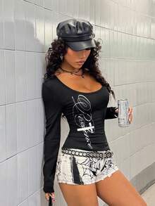 StreetHx 女士黑色U领修身舒适银色字母印花朋克摇滚Y2K坏女孩休闲街头风学院风2000年代风格长袖T恤 - 黑色 - 查看 6