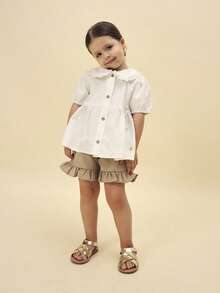 SUMWON Girls Collared Button Front Blouse And Ruffle Hem Shorts Two Piece Summer Outfit Set With Peter Pan Collar Festive Occasionwear - Multicolor - View 5