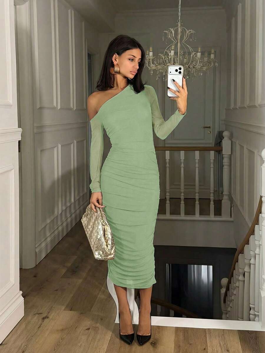 Ronhire Women's Autumn Mesh Ruched Elegant Date/Party Long Sleeve Mid-Length Bodycon Dress,Pastel Dresses For Women - Mint Green - View 1
