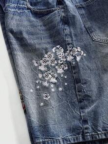 ROMWE MEN Street Life Men's Button Pocket Dragon Embroidery Pattern Fashionable Versatile Commuter Denim Shorts Spring/Summer - Dark Wash - View 7