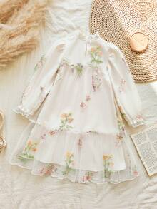 SHEIN Vintaside Kids 女童优雅公主风荷叶边领泡泡袖提花刺绣双层荷叶边下摆宽松公主裙，适合度假、旅行、派对、送礼、春秋季穿着。 - 彩色 - 查看 2