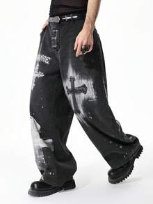 ROMWE MEN Goth 男士数码十字印花飞机扣弯刀牛仔裤 - 黑色 - 查看 5