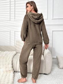 Lazeform 女士纯色简约休闲抓绒连帽衫和裤子家居服套装，舒适保暖，棕色蓬松睡衣套装，棕色睡衣套装，咖啡色蓬松睡衣舒适套装，冬季服装 - 摩卡棕 - 查看 3