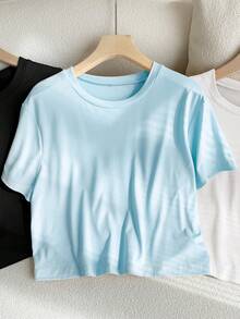 Comfortcana 3pcs/Set Plus Size Basic Crew Neck Short Sleeve Colorful T-Shirts, Summer Tops - Blue - View 4