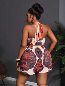 Veslaya 2026 早春大码女式休闲度假复古撞色印花交叉露背连体衣 - 彩色 - 查看 3