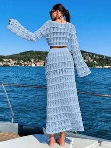 2pcs Crochet Jacquard Hollow Out Loose Fit Cover Up Set - Baby Blue - View 2