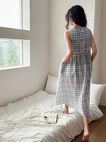 DAZY 女士格子无袖宽松长款睡裙 - 紫色 - 查看 6