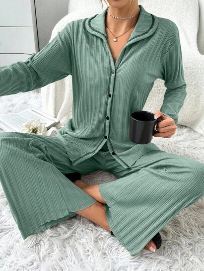EURMUSE 2pcs/Set Contrast Color Stitching Ribbed Cardigan Pajama Set