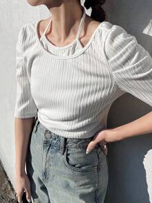 FRIFUL Women's 2 In 1 Camisole T-Shirt, Ribbed Texture Fabric, Fitted Petal Sleeve Short Sleeve T-Shirt - White - View 5