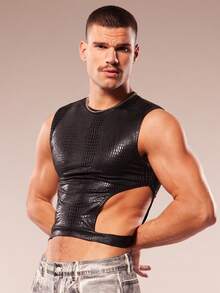 FeverCity Men's Crew Neck Crocodile Embossed Cutout Design Sleeveless Top