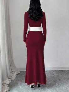 Elenzga Women's Elegant Casual Christmas New Year Party Thanksgiving Fitted Knit Cinched Waist Contrast Color Tie Waist Dress, Black & White - Burgundy - View 2