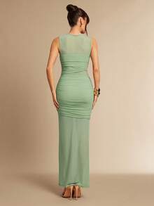 Silquee 女士纯色网纱拼接褶皱修身无袖连衣裙 - 綠色 - 查看 2