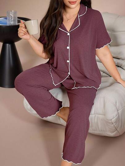 Lazeform Casual Loose Ruffle Trim Soft Relaxed Short Sleeve Top And Pants Pajama Set, Lightweight Summer Knit Fabric, Plus Size, Outfits
