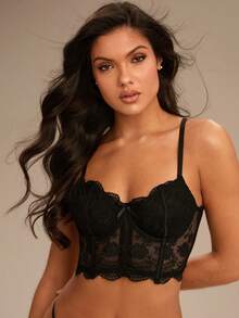 Enchnt Elegant Black Lace Three-Piece Lingerie Set With Sheer Floral Details Lace Bra Set Black Lace Lingerie Set Floral Lace Lingerie Set - Black - View 2