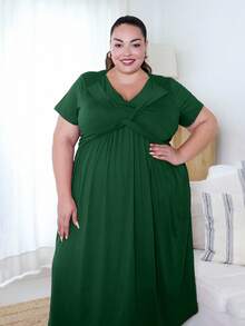 Plus Size Women's Solid Color V-Neck Short Sleeve Ruched Pocket Long Casual Dress, For Christmas Maxi Women Outfit - Dark Green - View 5