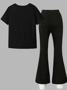 Sparklyn Ensemble t-shirt à col rond à manches courtes avec imprimé graphique Kpop et pantalon évasé noir, adapté aux adolescentes. Confortable pour l'hiver, le port quotidien et les sorties - Noir - Voir 2
