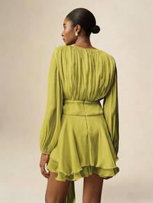 Vesra Apricot Color Tie-Up Long Sleeve Ruffle Hem Design Women's Short Dress - Green - View 2