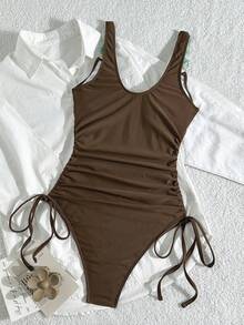 Swim Chiccia 2026新款女士夏季沙滩度假优雅复古硬币串珠装饰肩带纯色褶皱抽绳连体泳衣 - 棕色 - 查看 2