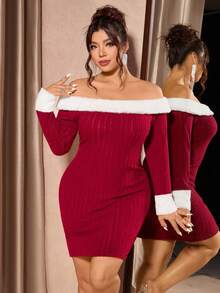 Cravure Plus Size Women's Off-Shoulder Long Sleeve Christmas Style Dress, Suitable For Holidays, Birthday, Versatile And Fashionable High-End Atmosphere Fall - Red and White - View 1