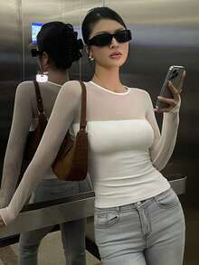 DAZY 女士网眼拼接圆领长袖T恤，修身性感薄款休闲上衣 Y2k - 白色 - 查看 7