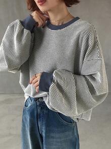 FRIFUL Women's Striped Loose Fit Round Neck Drop Shoulder Long Sleeve Casual T-Shirt - Multicolor - View 2