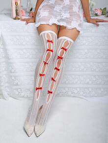 Crystal Vow 女士蝴蝶结装饰内衣配饰渔网袜 - 紅白色 - 查看 1