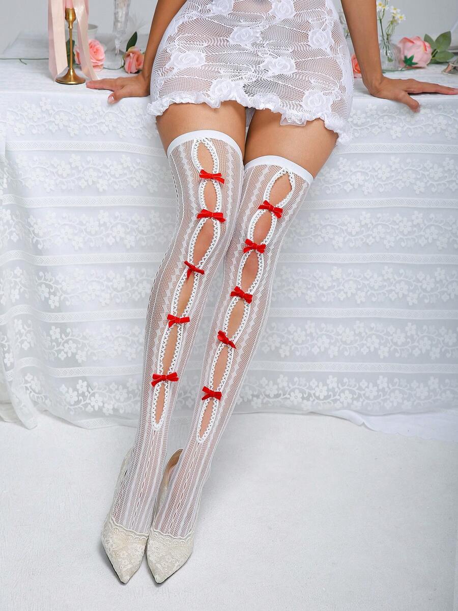 Crystal Vow 女士蝴蝶结装饰内衣配饰渔网袜 - 紅白色 - 查看 1
