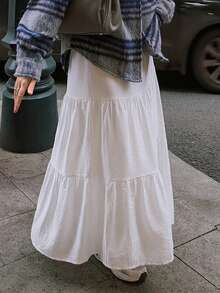 DAZY Women's Summer Vacation Solid Color Textured Ruffle Hem A-Line Skirt - White - View 8