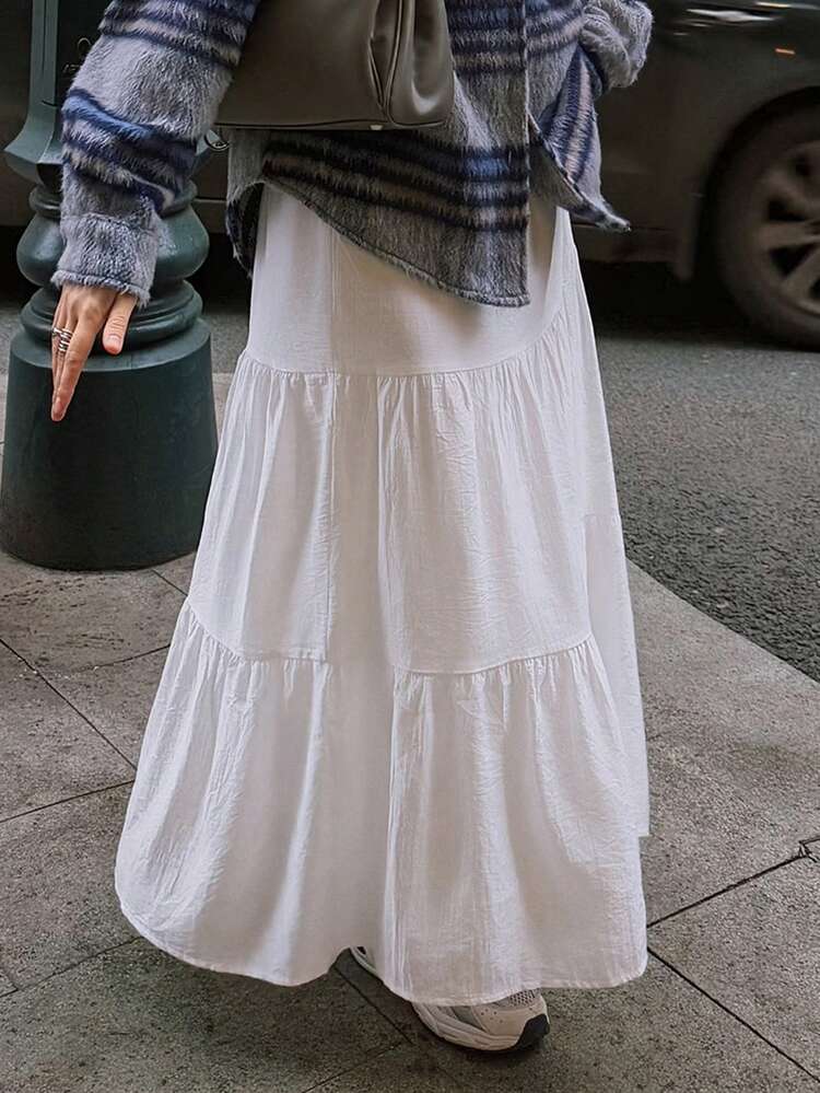 Women's Summer Vacation Solid Color Textured Ruffle Hem A-Line Skirt Boho