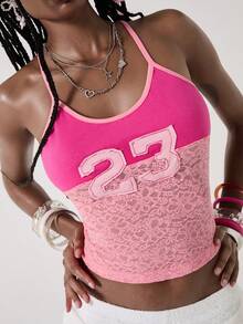 ROMWE Spring/Summer Y2K Style Contrast Lace Graphic Embroidered Camisole Top For Women - Hot Pink - View 3