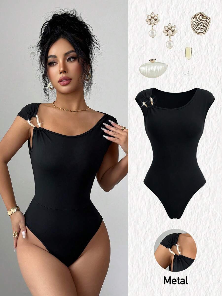 Elenzga Women's Elegant Commuter Black Sleeveless Bodysuit With Metal Hook Decor And Ruched Fitted Design, Spring/Summer - Black - View 1