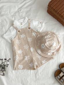 SHEIN 两件套男女宝宝椰树图案连体衣套装，含围兜裤和遮阳帽，春夏服装，宝宝套装，度假装