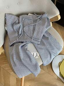 Resyla Women's Simple Woven Striped High Waist With Belt Pockets Straight Leg Casual Pants Grey Pants Drawstring Pants Casual Pants For Women Gray Sweatpants Knit Pants Striped Pants - Black - View 3