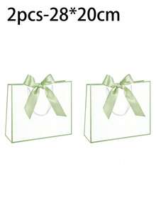 1/5pcs-Landscape-Style Kraft Paper Gift Bags, Shopping Bags, Packaging Bags With Handles, Bow-Decorated Handbags, Trick Or Treat, Halloween, White Large-Capacity Paper Bags, Halloween, Thanksgiving, Christmas, New Year, Wedding, Birthday Gift Packaging Bags - Light green - View 7