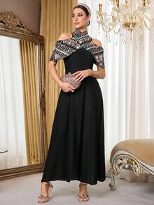 Al Najma Đầm nữ trễ vai thanh lịch kiểu vintage phối màu - màu đen - Xem 2