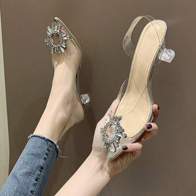 Nuevas sandalias de tacón alto con punta afilada y tiras decoradas con girasoles. Sandalias de tacón grueso transparente con adornos de cristales y tacón en forma de copa de vino para mujer. Sandalias de moda transparentes con tacón grueso, punta afilada y adornos de pedrería francesa. Elegantes sandalias transparentes de tacón alto.