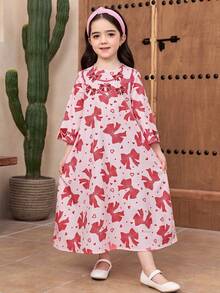 SHEIN Rochie drăguță și versatilă, casual, cu model floral, cu guler petal, strasuri în față, violet deschis, lejeră, confortabilă, casual și versatilă, de zi cu zi, potrivită pentru petreceri de ziua de naștere, petreceri de seară, spectacole, nunți - Roz - Vizualizare 2